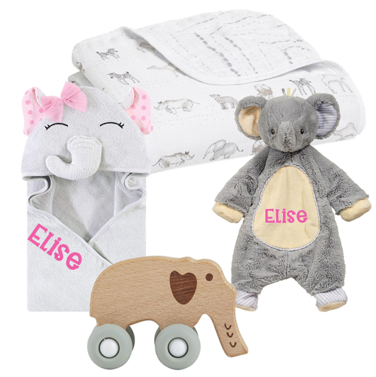 Personalized Pea-essential Gray and Pink Elephant 4-Piece Baby Gift Set
